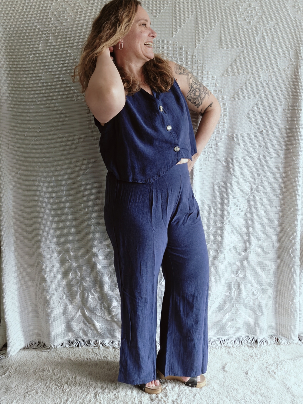 Coastal Navy Matching Set | Linen Feel Vest & Wide Leg Pants | L/XL